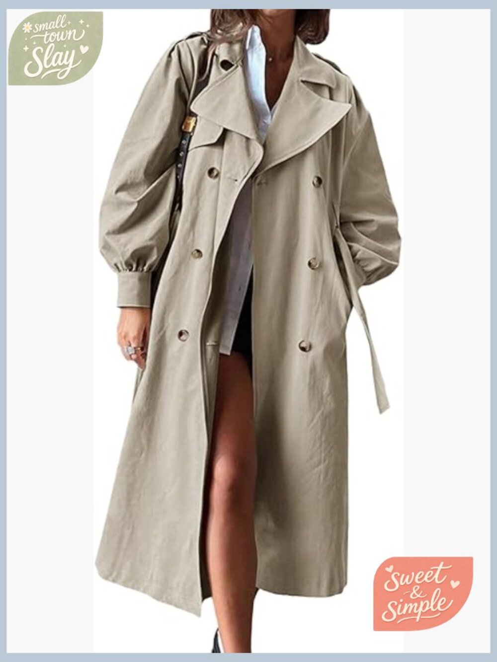 Women's Oversized Double Breasted Trench Coat with Belt - Picture 1 of 7